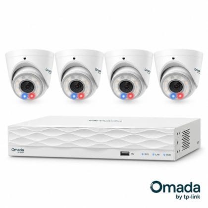 TP-Link Omada 8MP 4-Camera IP Kit with four white turret cameras and a 16-channel NVR